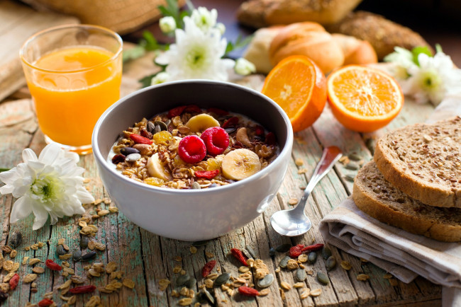 Обои картинки фото еда, мюсли,  хлопья, сок, апельсин