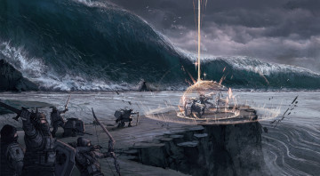 Картинка аниме arknights буря магия барьер девушки скалы море