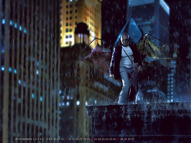 Обои картинки фото календари, компьютерный дизайн, 2019, calendar, город, здание, человек, крылья, небоскреб