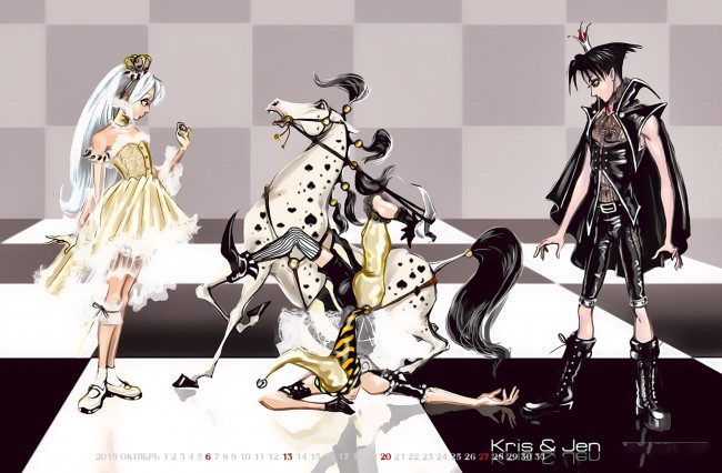 Обои картинки фото календари, аниме, шут, девушка, конь, calendar, 2019, лошадь, парень