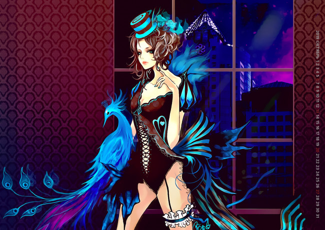 Обои картинки фото календари, фэнтези, женщина, девушка, 2019, calendar, птица, шляпа