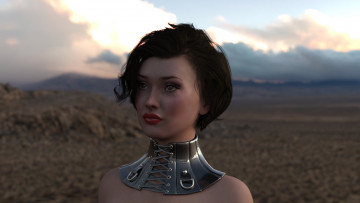 Картинка 3д+графика портрет+ portraits девушка лицо ошейник пустыня