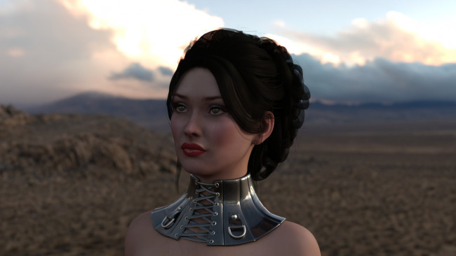 Обои картинки фото 3д графика, портрет , portraits, девушка, лицо, ошейник, пустыня