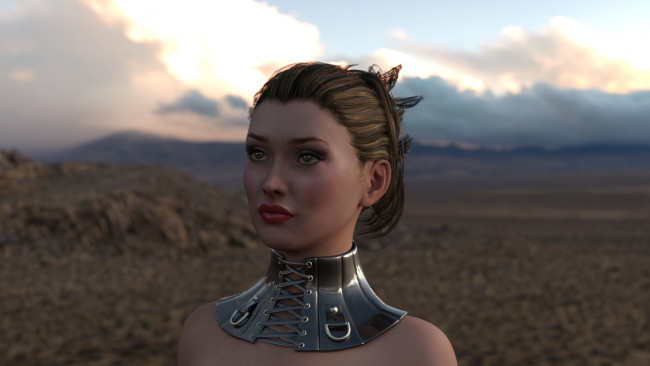 Обои картинки фото 3д графика, портрет , portraits, девушка, лицо, ошейник, пустыня
