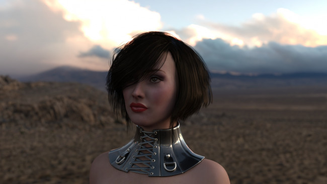 Обои картинки фото 3д графика, портрет , portraits, девушка, лицо, ошейник, пустыня