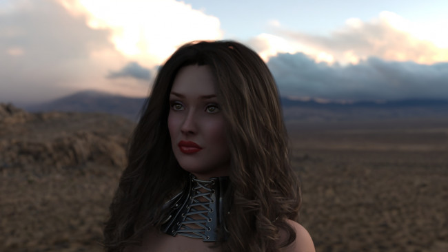 Обои картинки фото 3д графика, портрет , portraits, девушка, лицо, ошейник, пустыня