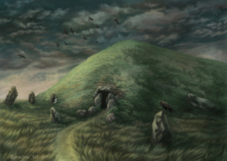 Картинка фэнтези иные+миры +иные+времена курган тропа трава камни птицы тучи