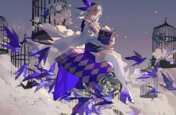 Картинка аниме unknown +другое+ девушка птицы клетки книга подушка цветы