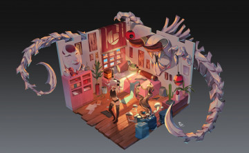 Картинка аниме город +улицы +интерьер +здания девочка комната монстр кости