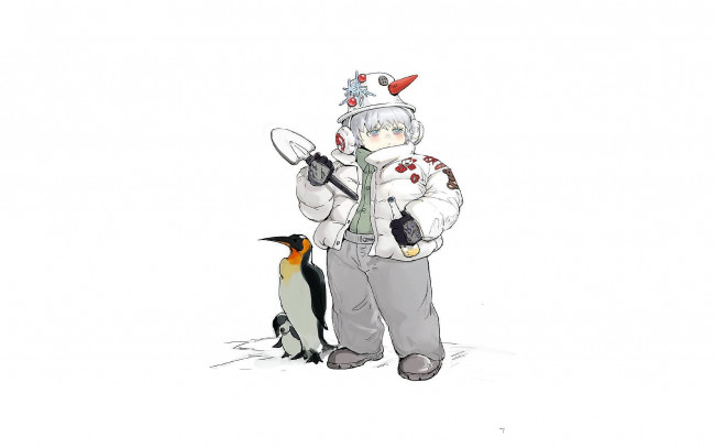 Обои картинки фото аниме, животные,  существа, девочка, пингвины, лопатка, бутылка