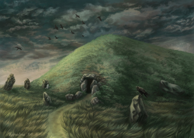 Обои картинки фото фэнтези, иные миры,  иные времена, курган, тропа, трава, камни, птицы, тучи