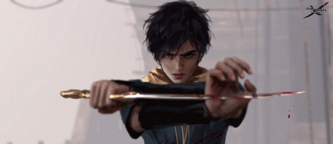 Обои картинки фото фэнтези, _ghost blade ,  призрачный клинок, парень, кинжал, кровь, корабль