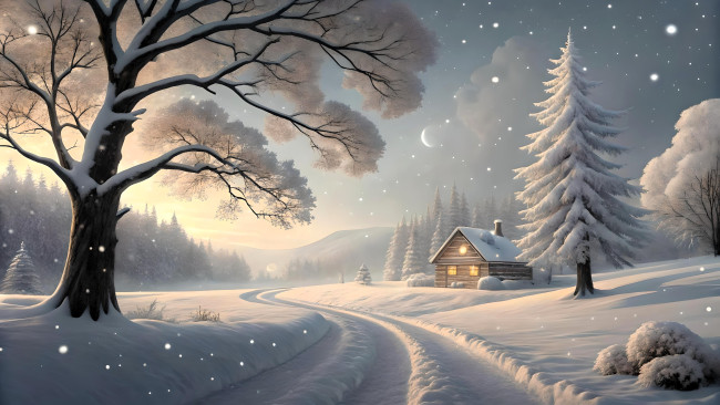 Обои картинки фото разное, компьютерный дизайн, деревья, лес, снег, дорога, дом, зима