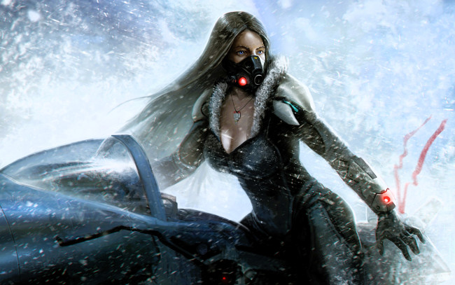 Обои картинки фото фэнтези, девушки, девушка, маска, куртка, транспорт, снег