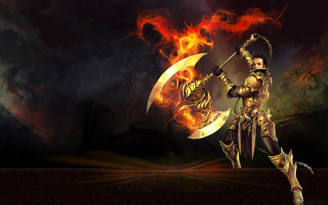 Обои картинки фото видео игры, mummy online, воин, доспехи, топор, огонь, цепь, магия