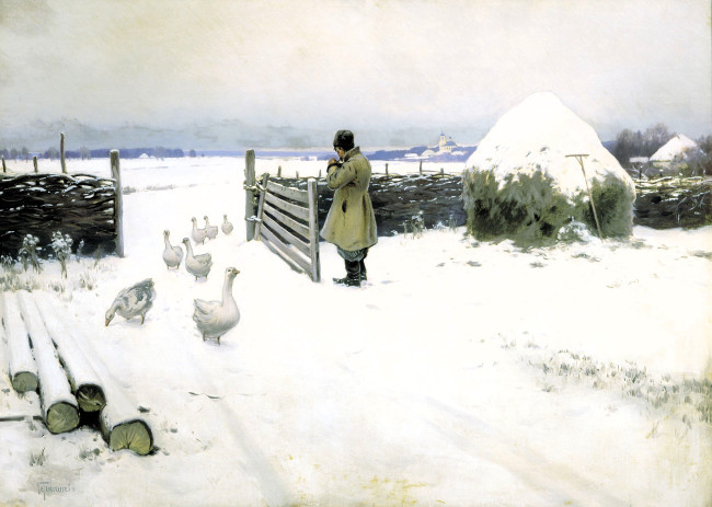 Обои картинки фото гермашев михаил - снег выпал, рисованное, живопись, забор, зима, снег, гуси, человек, сено