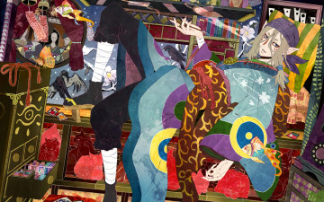 Картинка аниме mononoke книги кимоно шаман комната коробки трубка краски карты