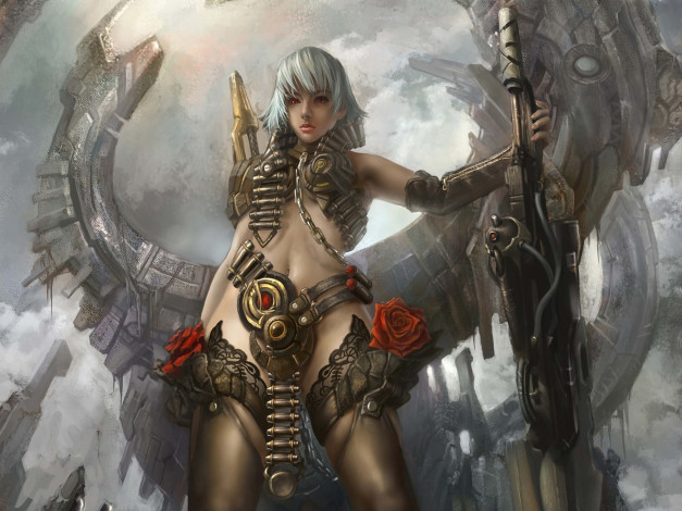 Обои картинки фото фэнтези, девушки, розы, девушка, ленты, пулемет, солдат