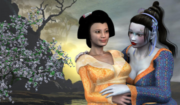 Картинка 3д+графика люди+ people горы сакура фон взгляд девушки