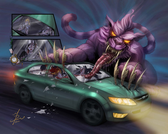 Обои картинки фото фэнтези, существа, арт, девушка, фантастика, монстр, ситуация, машина