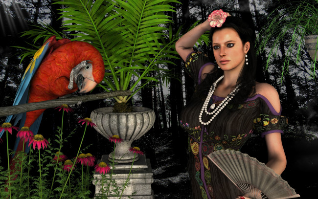 Обои картинки фото 3д графика, люди , people, цветы, фон, взгляд, девушка, попугай