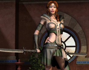 Картинка 3д+графика фантазия+ fantasy девушка оружие фон взгляд