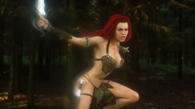 Обои картинки фото 3д графика, амазонки , amazon, девушка, взгляд, фон, рыжая, оружие