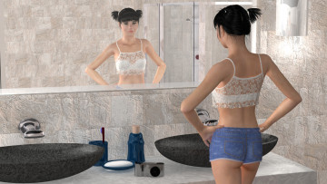 Картинка 3д+графика люди+ people девушка взгляд фон зеркало