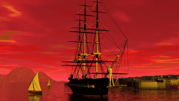 Картинка 3д+графика море+ sea море закат парусники