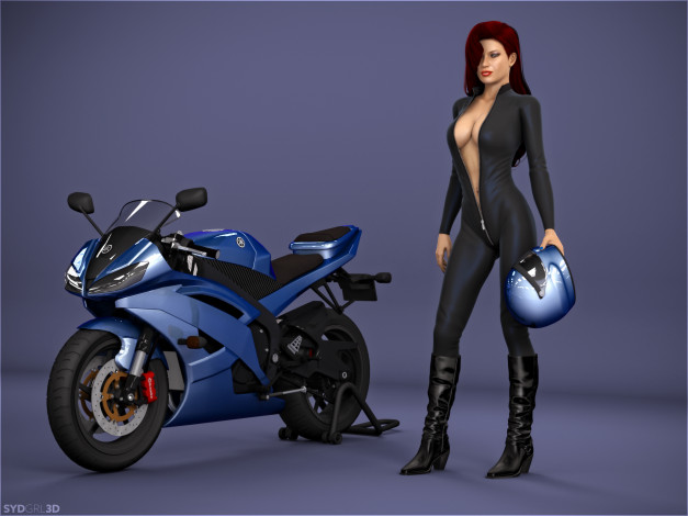 Обои картинки фото 3д графика, люди-авто, мото , people- car ,  moto, девушка, взгляд, фон, мотоцикл
