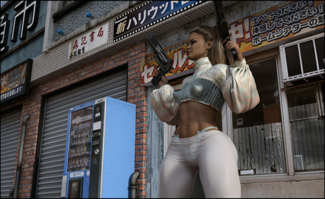 Обои картинки фото 3д графика, фантазия , fantasy, оружие, фон, взгляд, девушка