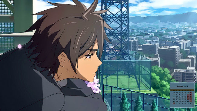 Обои картинки фото календари, аниме, взгляд, профиль, здание, парень