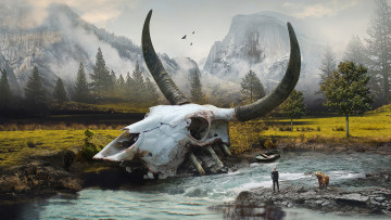 Картинка фэнтези иные+миры +иные+времена речка рога череп останки человек вода долина мир