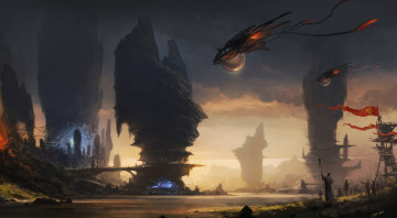 Картинка фэнтези иные+миры +иные+времена скалы река люди