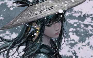 обоя фэнтези, _guweiz, девушка, шляпа, снег