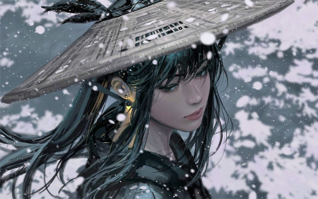 Обои картинки фото фэнтези, _guweiz, девушка, шляпа, снег