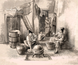 Картинка рисованное люди двор быт