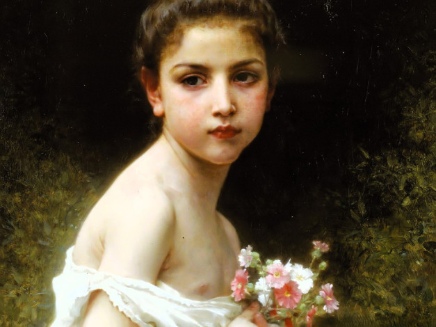 Обои картинки фото adolphe-william bouguereau, рисованное, девочка, цветы, букет
