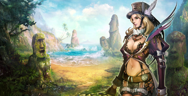 Обои картинки фото видео игры, mummy online, девушка, наряд, море, скалы, идолы