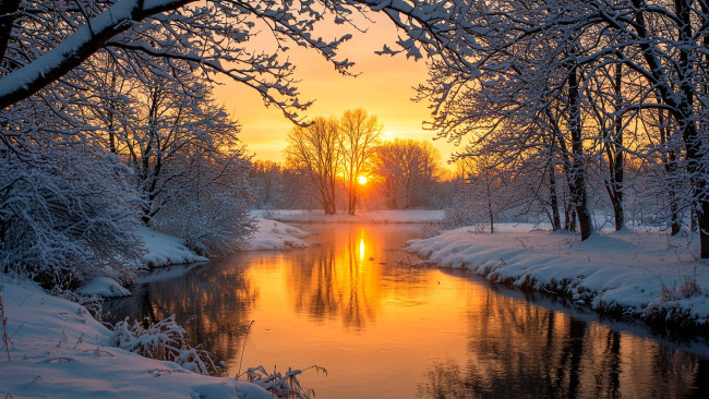 Обои картинки фото природа, реки, озера, зима, снег, деревья, лес, река, закат