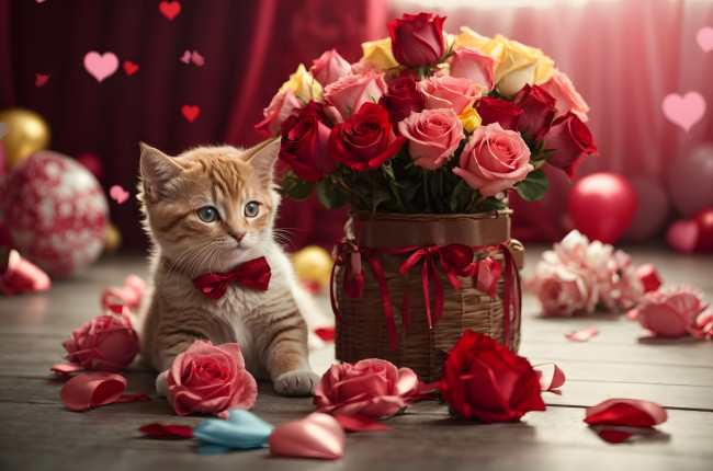 Обои картинки фото праздничные, день святого валентина,  сердечки,  любовь, розы, сердечки, котенок, бант