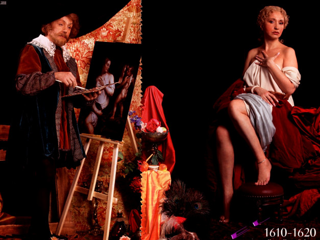 Обои картинки фото el, разное, люди, художник, картина, кисть, натурщица, позирует, мольберт, палитра