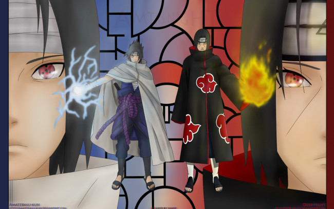 Обои картинки фото аниме, naruto, itachi, uchiha, sasuke, огонь, молния, sharingan, shinobi, akatsuki