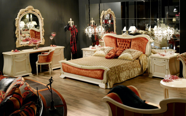 Обои картинки фото интерьер, спальня, зеркало, кровать