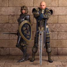 Картинка 3д+графика fantasy+ фантазия мечи доспехи мужчина девушка