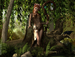 Картинка 3д+графика elves+ эльфы лес посох эльфийка ворона папоротник