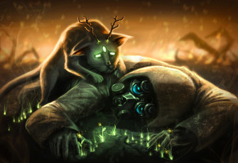 Картинка фэнтези люди человек кот рожки три глаза противогаз куртка капюшон растения сияние