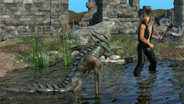 Картинка 3д+графика fantasy+ фантазия руины вода существо оружие мужчина