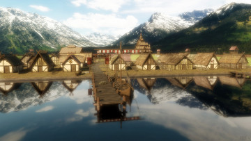 Картинка 3д+графика realism+ реализм река облака снег дома горы