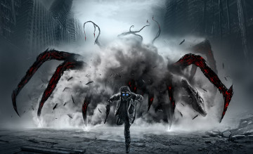 Картинка фэнтези люди существо монстр пыль человек оружие руины улица осколки взрыв